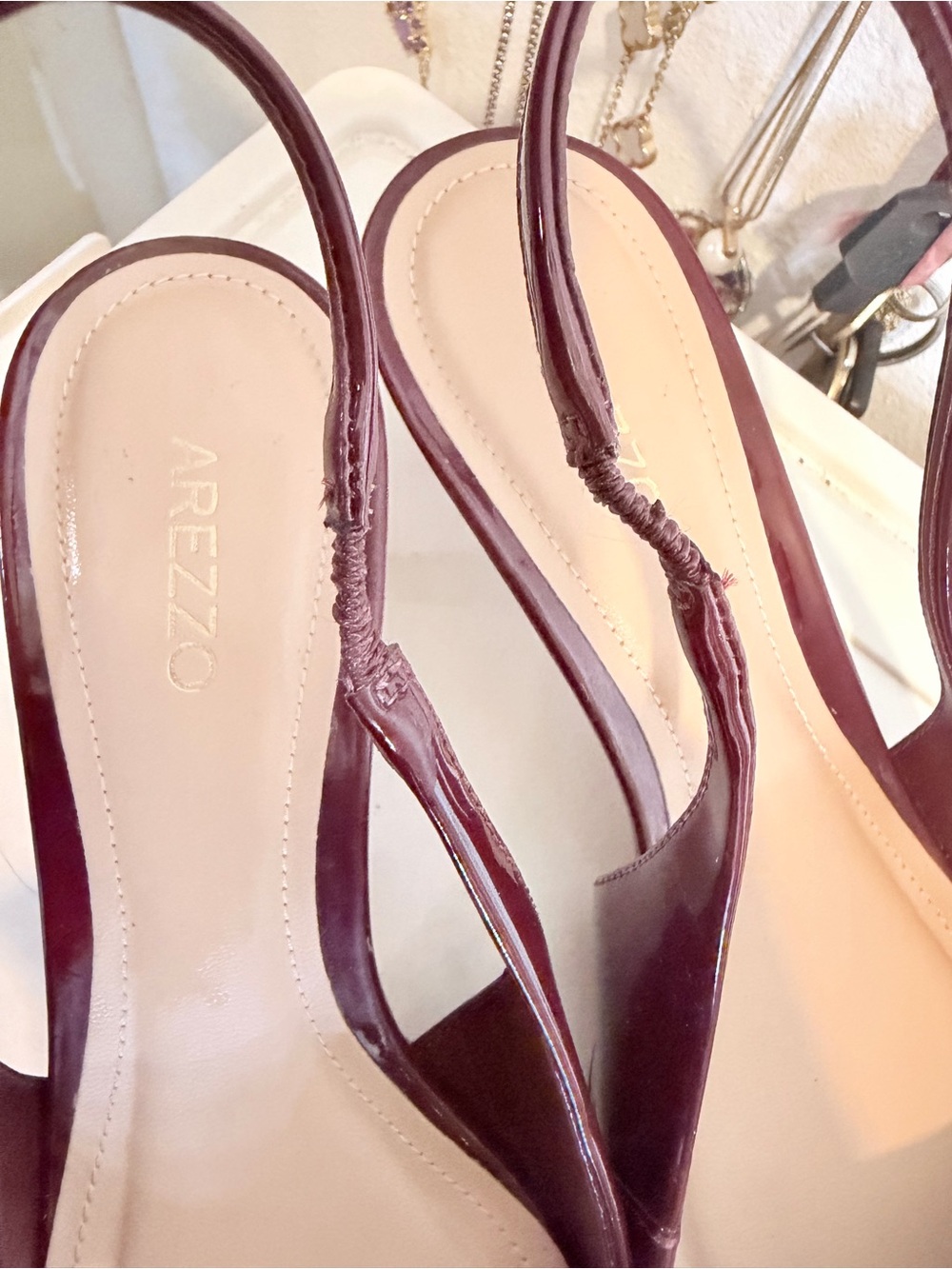 Arezzo Women's Burgundy Patent Slingback Kitten Heels with Gold Chain - Picture 4 of 7